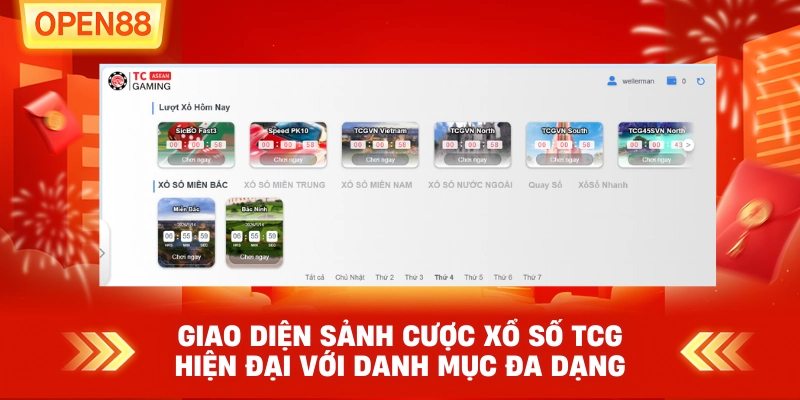 Giao diện sảnh cược Xổ Số TCG hiện đại với danh mục đa dạng
